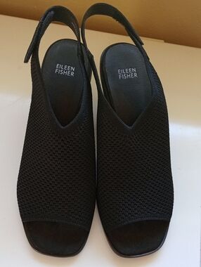Eileen Fisher Mesh Black Open Toe Block Heel Dress Sling Back Comfort Size 11